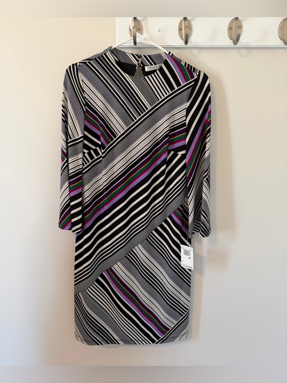 Trina Turk Merry Stripe 3/4 Sleeve Shift Dress Black White Size XS
